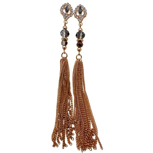 Glamorous Gold Chain Tassel Earrings Crystal Bead Rhinestone Victorian Revival - Picture 3 of 6